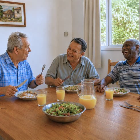 Idosos em roda de conversa durante atividade recreativa em unidade parceira