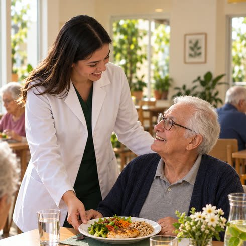 Momento de socialização entre residentes em área comum de casa de repouso