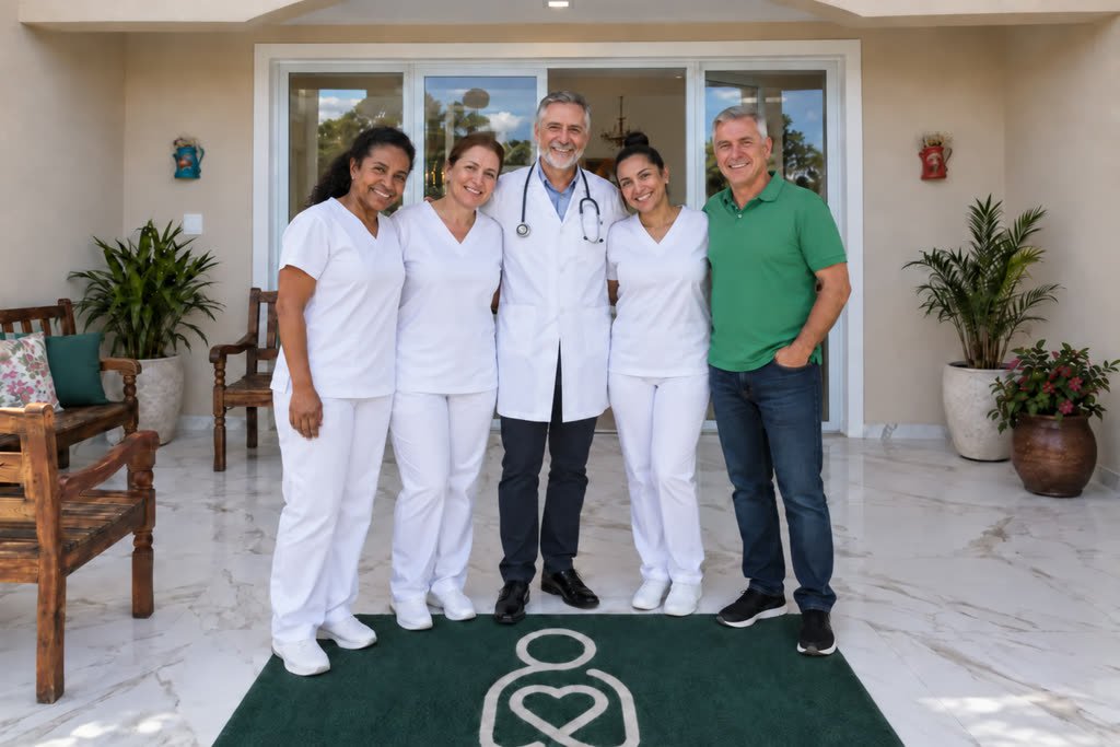 Equipe da Integra, incluindo médico, recebendo visitantes na entrada de uma casa de repouso parceira em SP